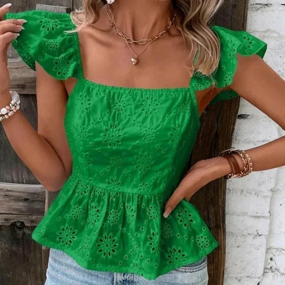 Eyelet Embroidery Tie Back Peplum Blouse - Picture 4 of 6